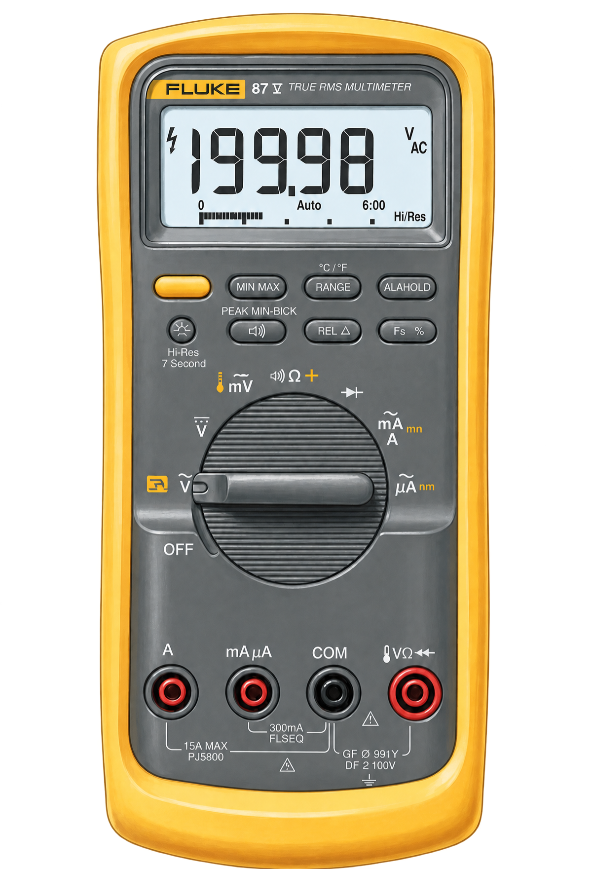 Multímetro Fluke — dial, pantalla y jacks